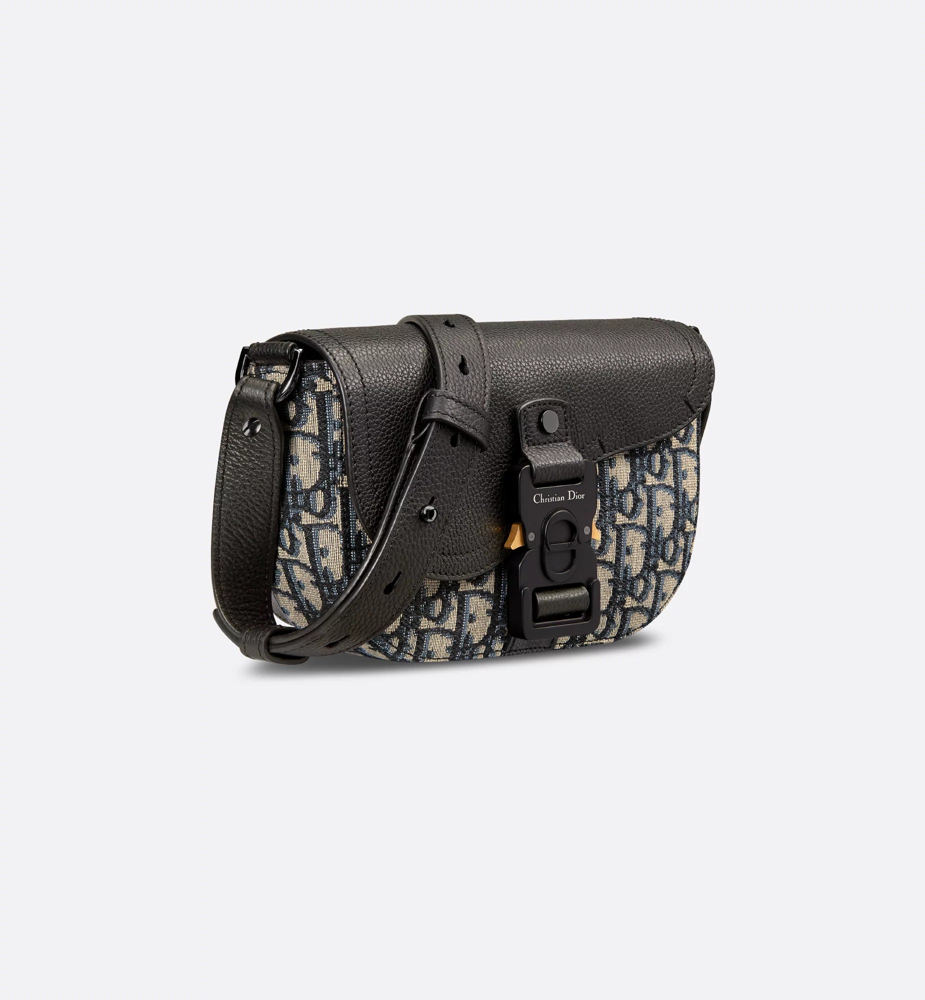 Mini Saddle Messenger Bag With Flap Beige And Black Dior Oblique Jacquard With Black Grained Calfskin