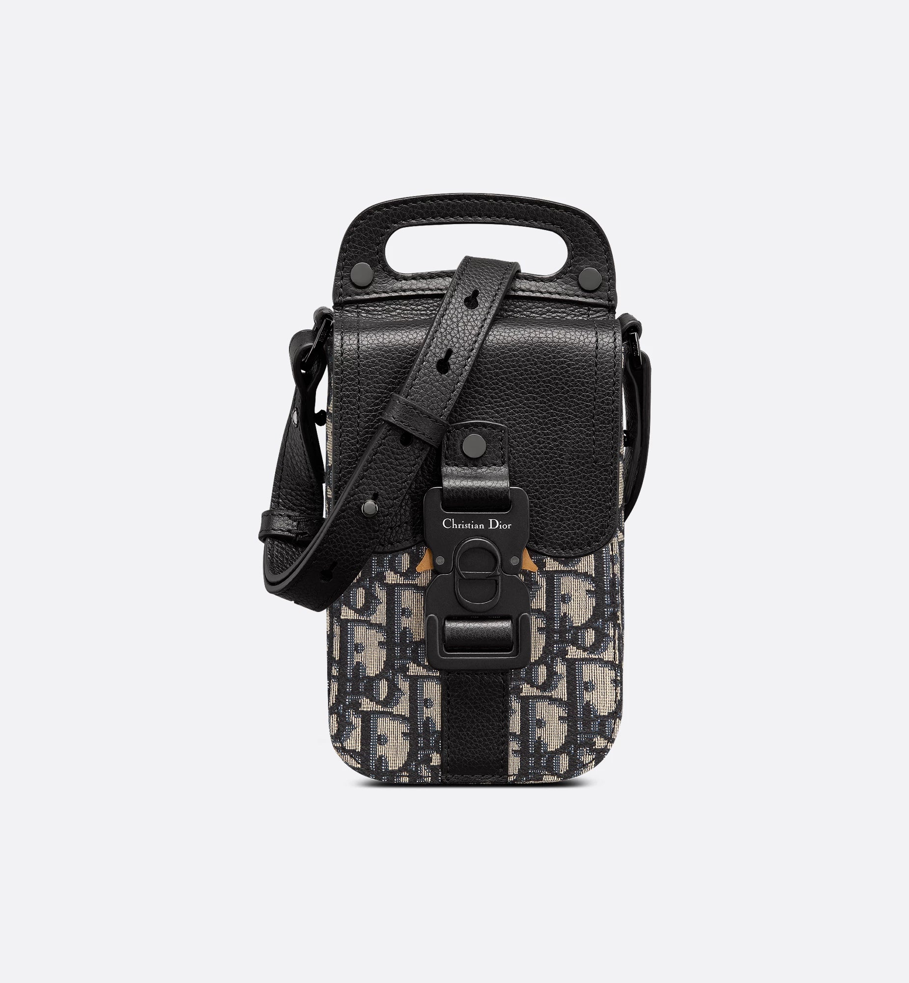 Saddle Vertical Pouch With Strap Beige And Black Dior Oblique Jacquard With Black Grained Calfskin