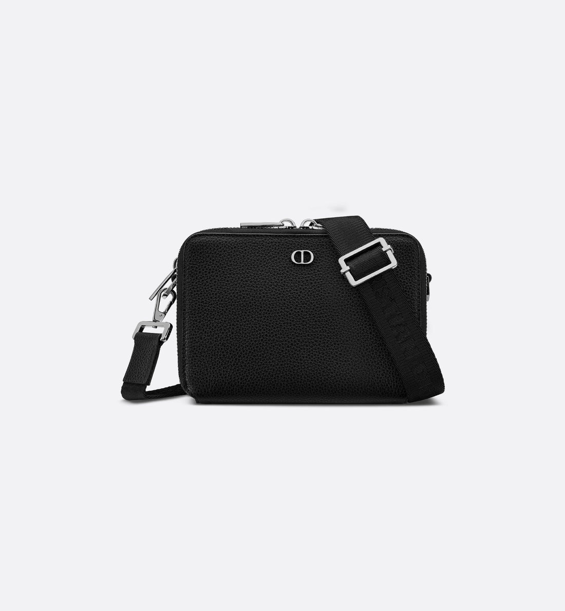 Cd Icon Zipped Pouch With Strap Black Grained Calfskin