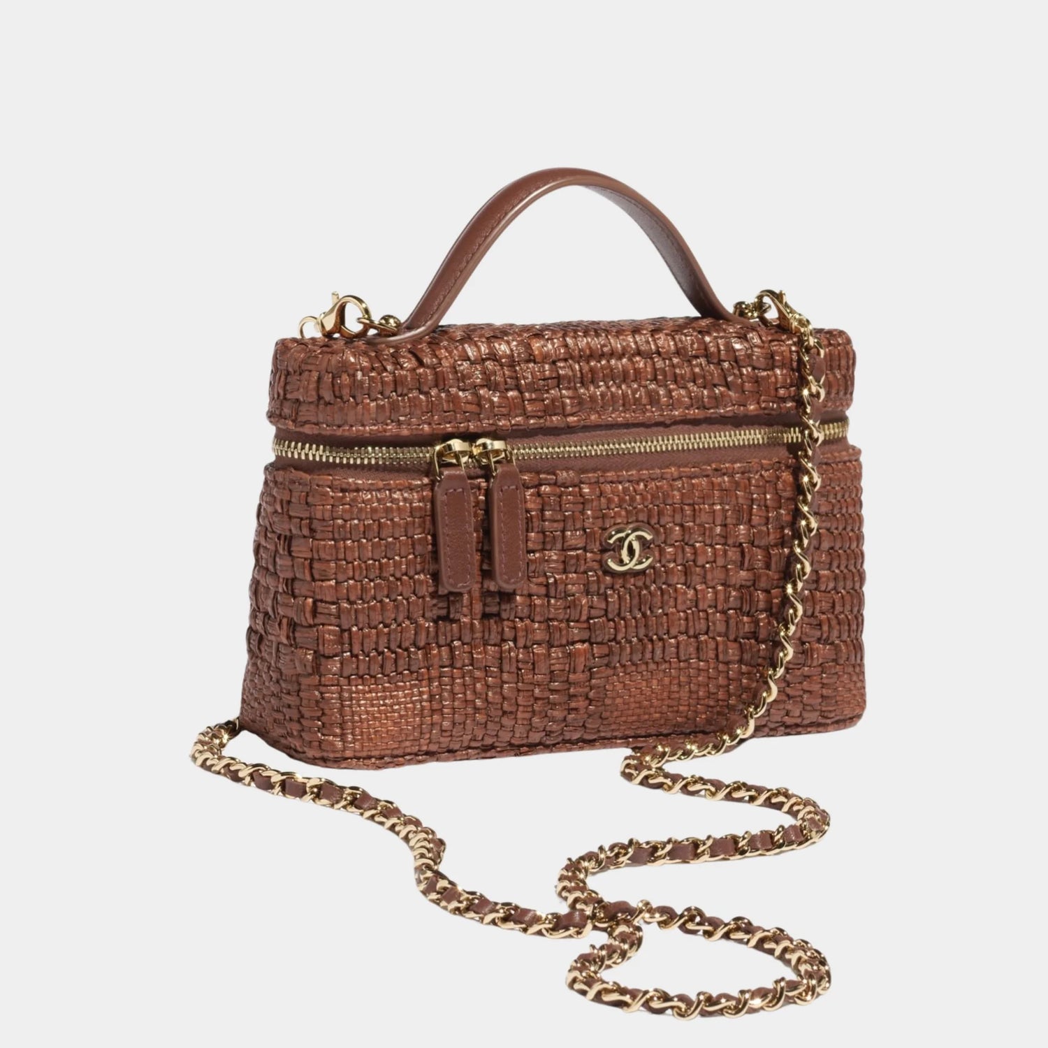 Chanel Classic  Vanity With Chain Braided Raffia &amp; Gold Tone Metal, Brown , Side