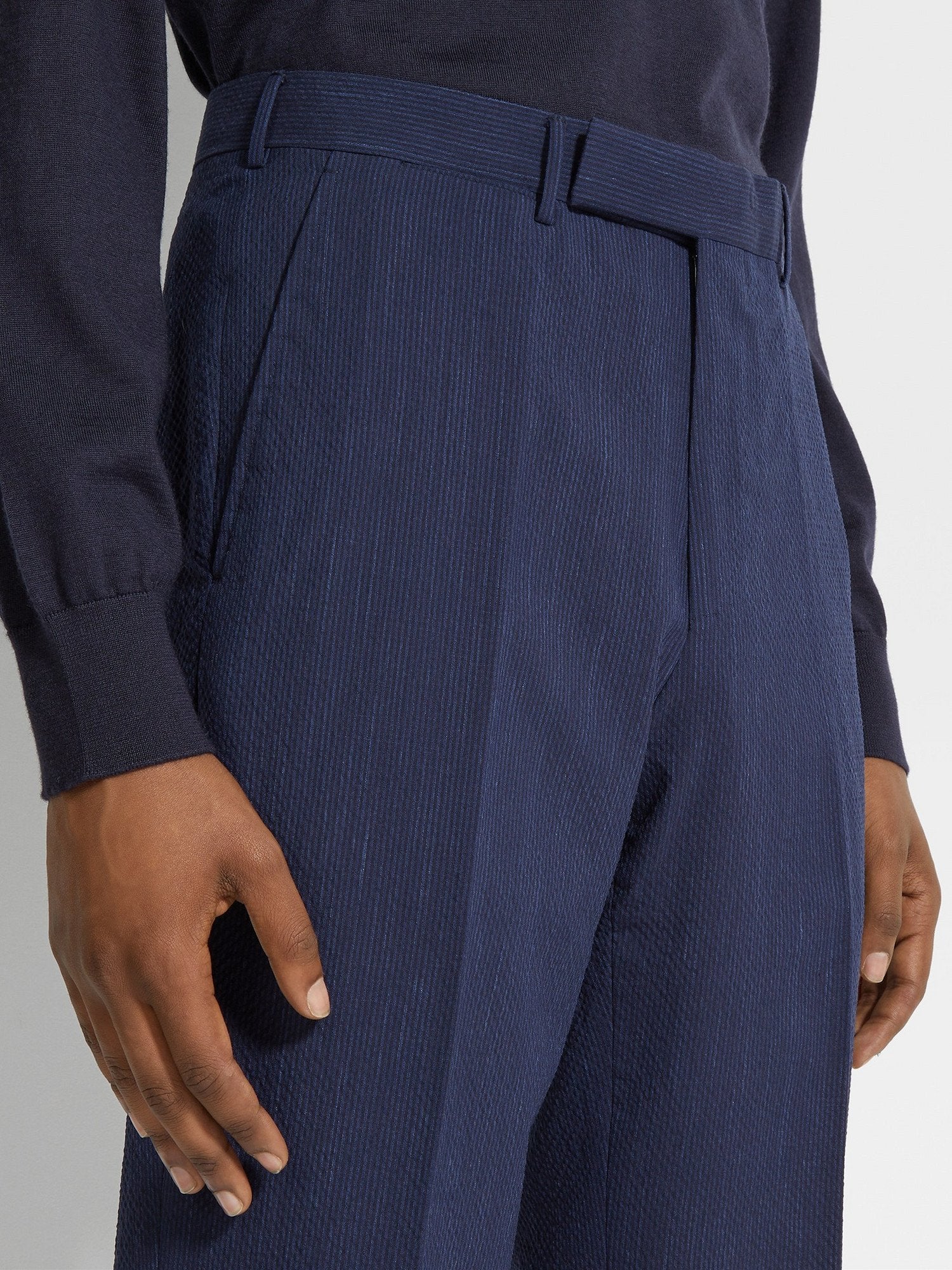 Blue and Navy Blue Trofeo Seersucker Wool Silk and Linen Blend Pants