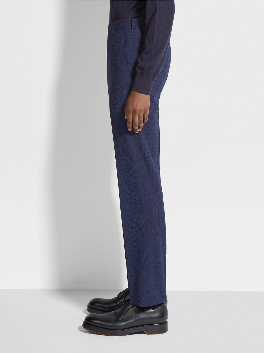 Blue and Navy Blue Trofeo Seersucker Wool Silk and Linen Blend Pants