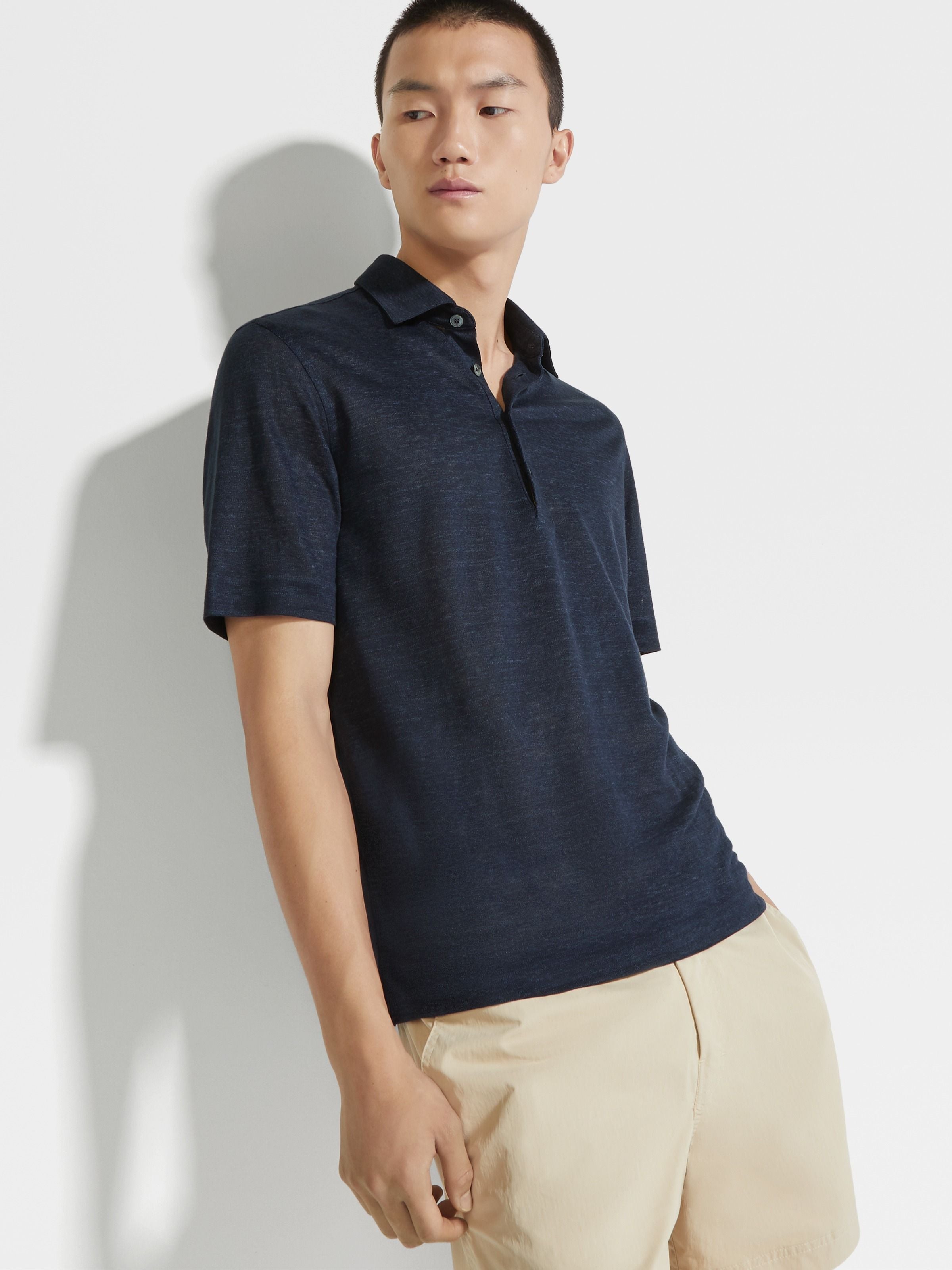 Navy Blue Linen Polo Shirt