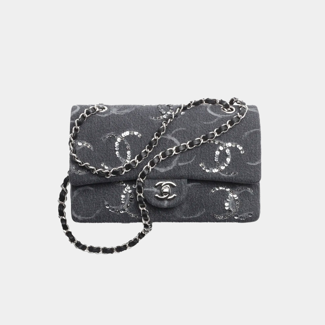 Classic Handbag Embroidered Denim Sequins And Silver Tone Metal Black