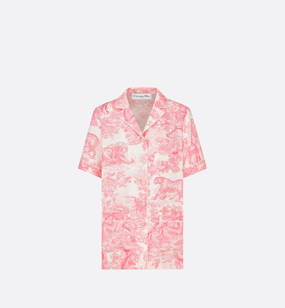 Dioriviera Dior Chez Moi Short Sleeved Shirt White And Candy Pink Silk Twill With Toile De Jouy Sauvage Motif