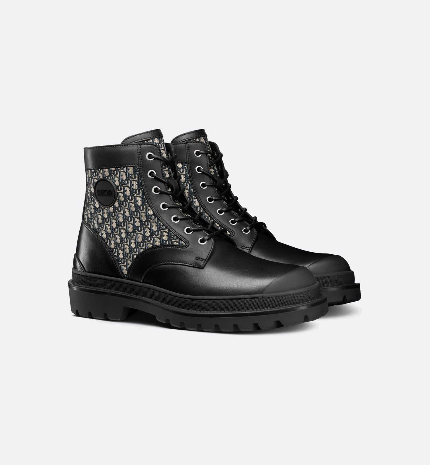 Explorer Ankle Boot Black Smooth Calfskin And Beige And Black Dior Oblique Jacquard