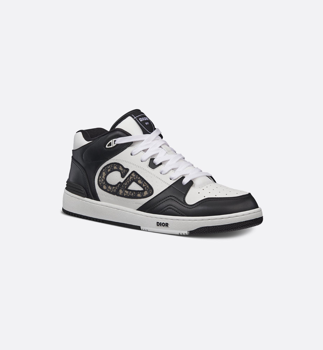 B57 Mid Top Sneaker Black And White Smooth Calfskin With Beige And Black Dior Oblique Jacquard