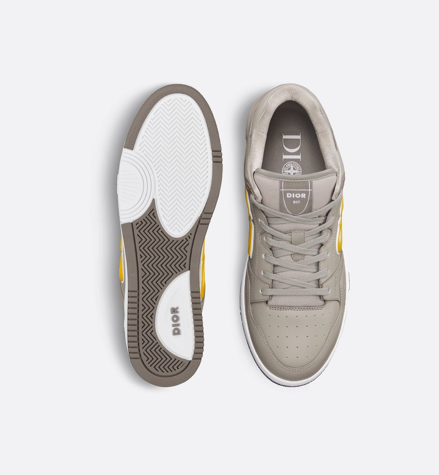 Dior And Stone Island B57 Low Top Sneaker Limited And Numbered Edition Gray And Yellow Smooth Calfskin