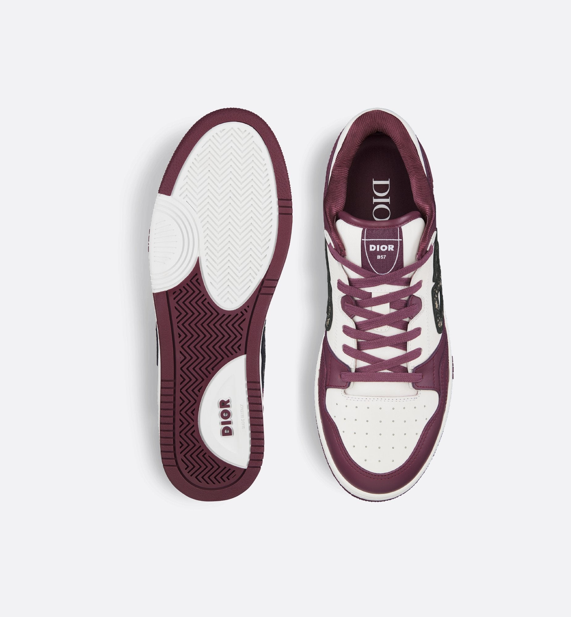 B57 Low Top Sneaker Burgundy And White Smooth Calfskin With Beige And Black Dior Oblique Jacquard