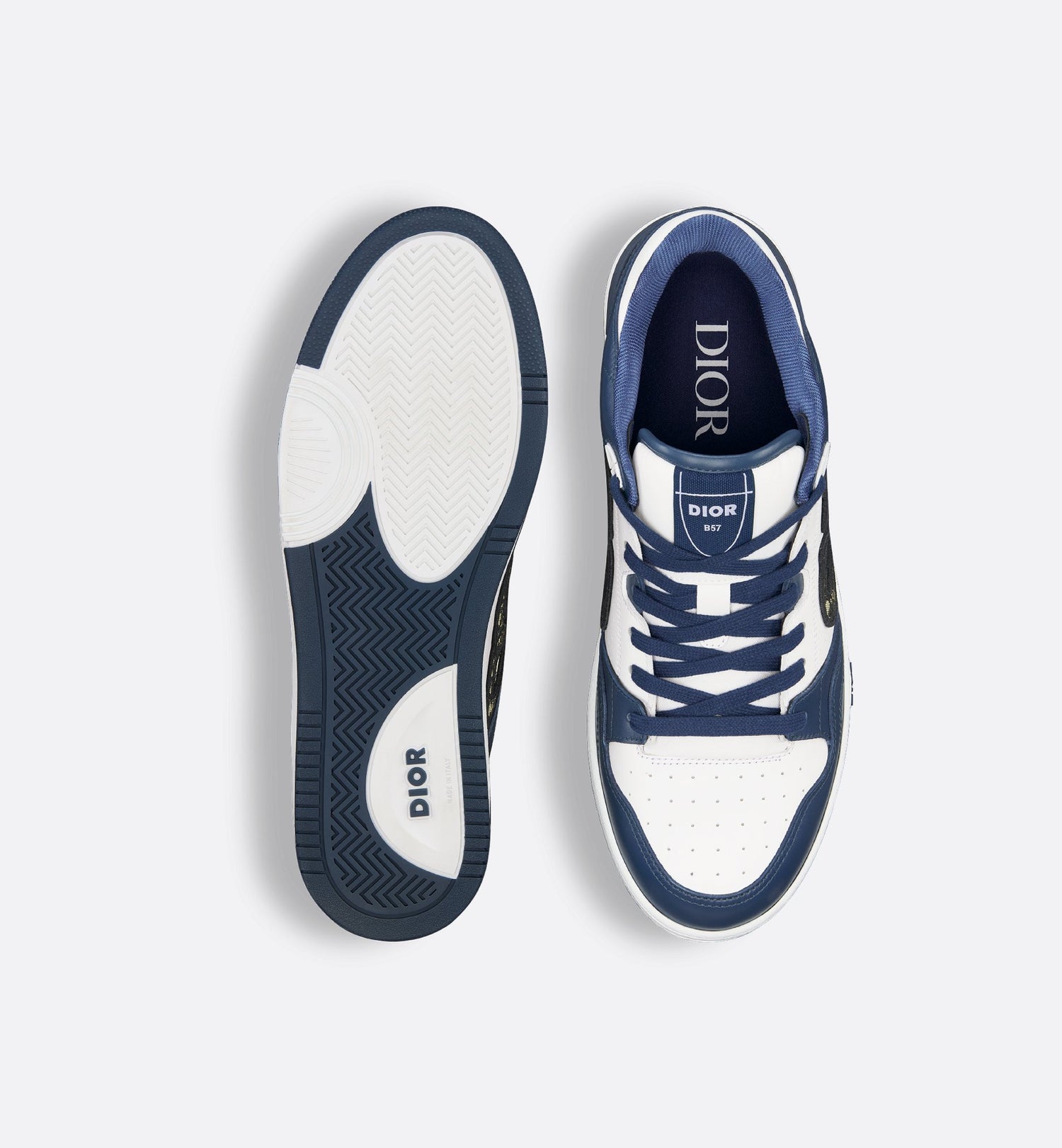 B57 Low Top Sneaker Navy Blue And White Smooth Calfskin With Beige And Black Dior Oblique Jacquard