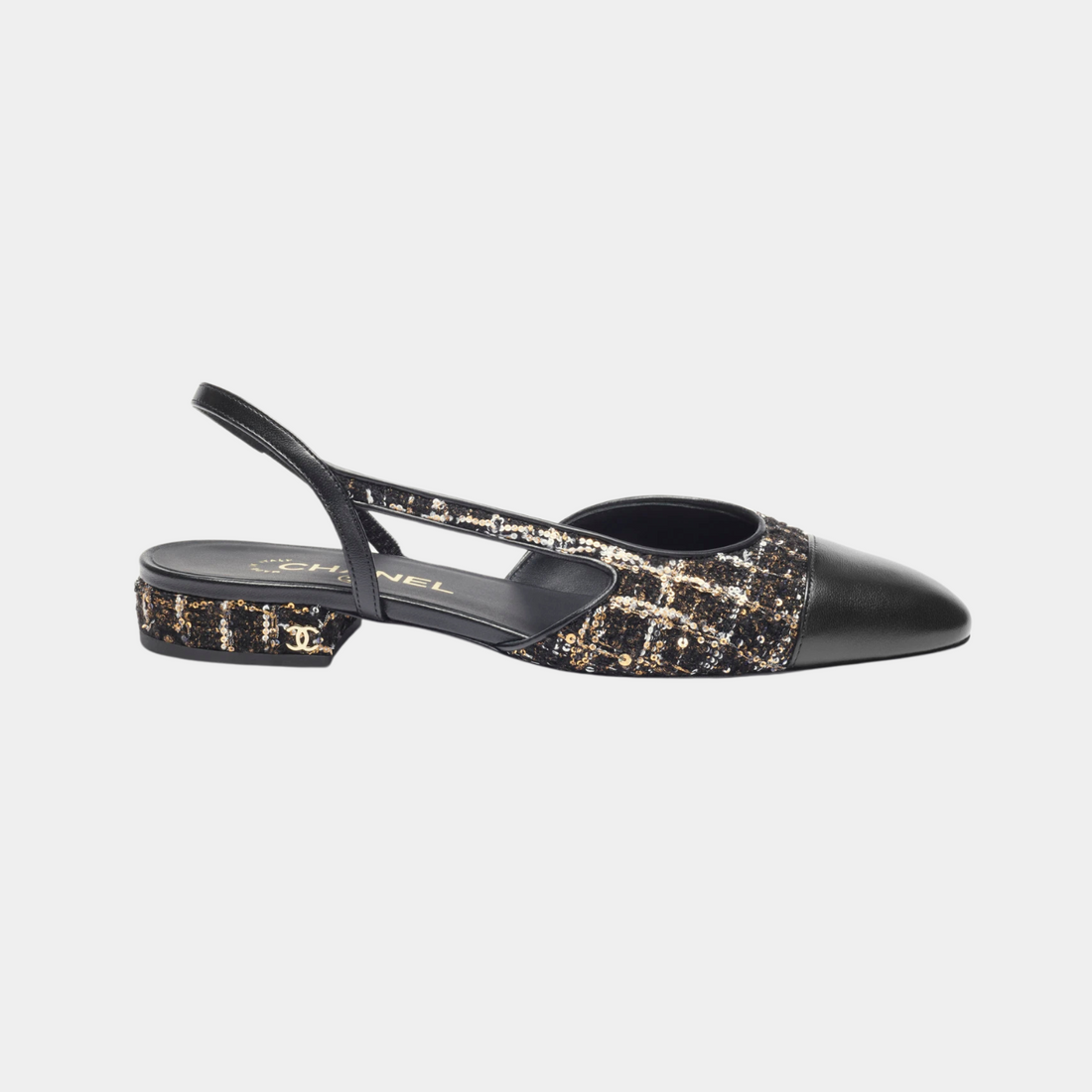 Low Slingback Glittered Wool Tweed And Lambskin Black Gold And White