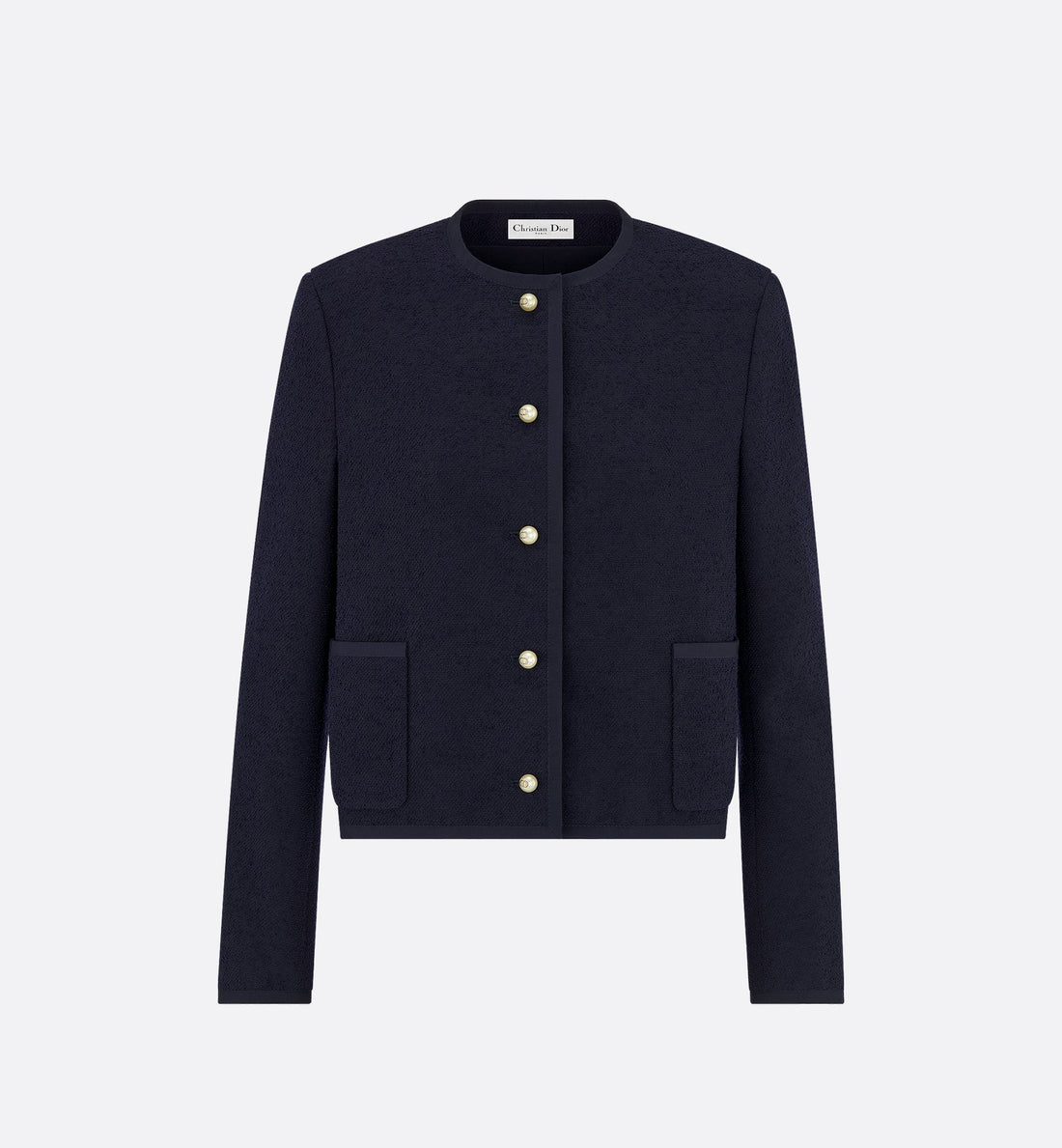 Cropped Jacket Navy Blue Virgin Wool And Cotton Bouclé