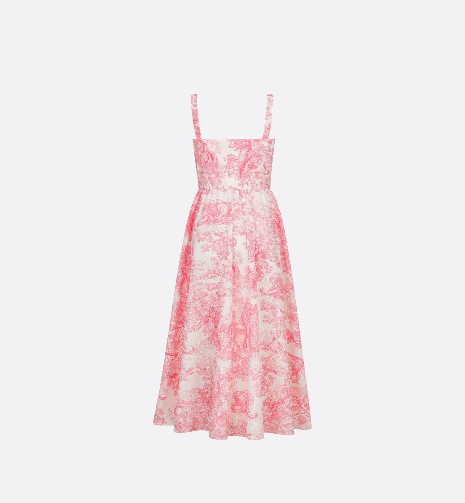 Dioriviera Flared Mid Length Dress White And Candy Pink Cotton And Silk Poplin With Toile De Jouy Sauvage Motif