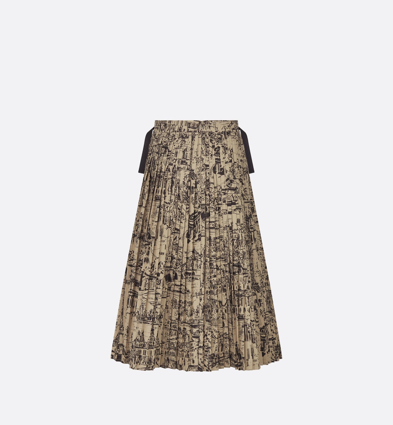 Pleated Mid Length Skirt Beige And Black Cotton Gabardine With Paris Allover Motif