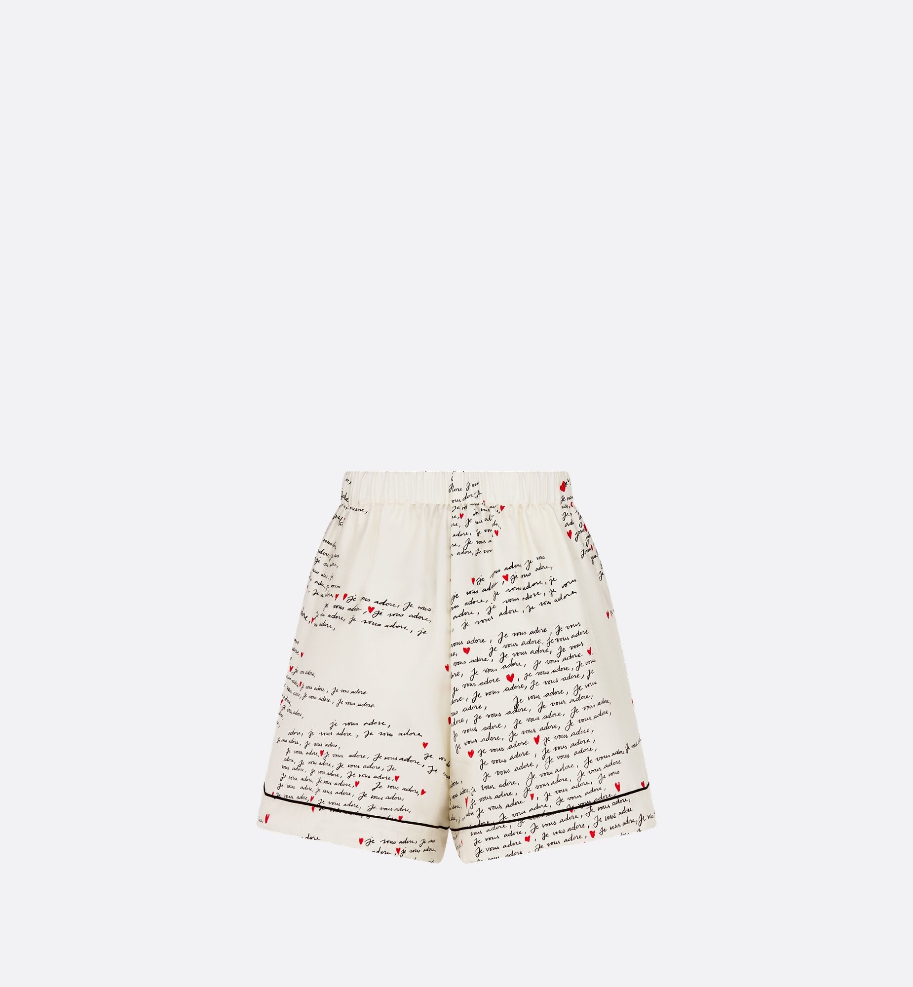 Dioramour Shorts White Silk Twill With Black And Red Je Vous Adore Motif