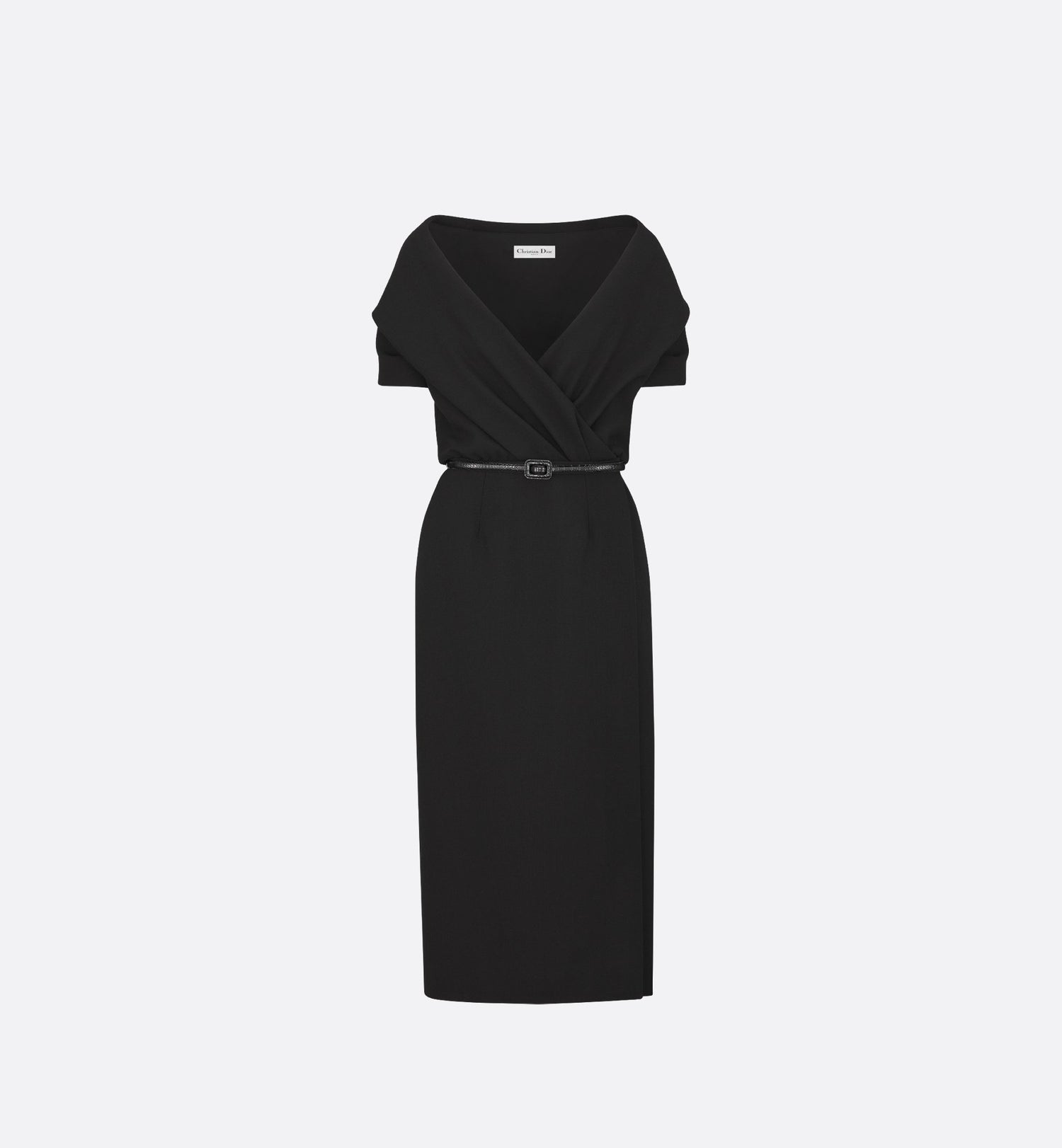 Wraparound Mid Length Dress Black Wool Crepe