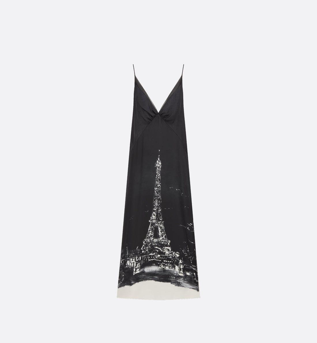 A Line Mid Length Dress Black And White Silk Twill With Paris Motif