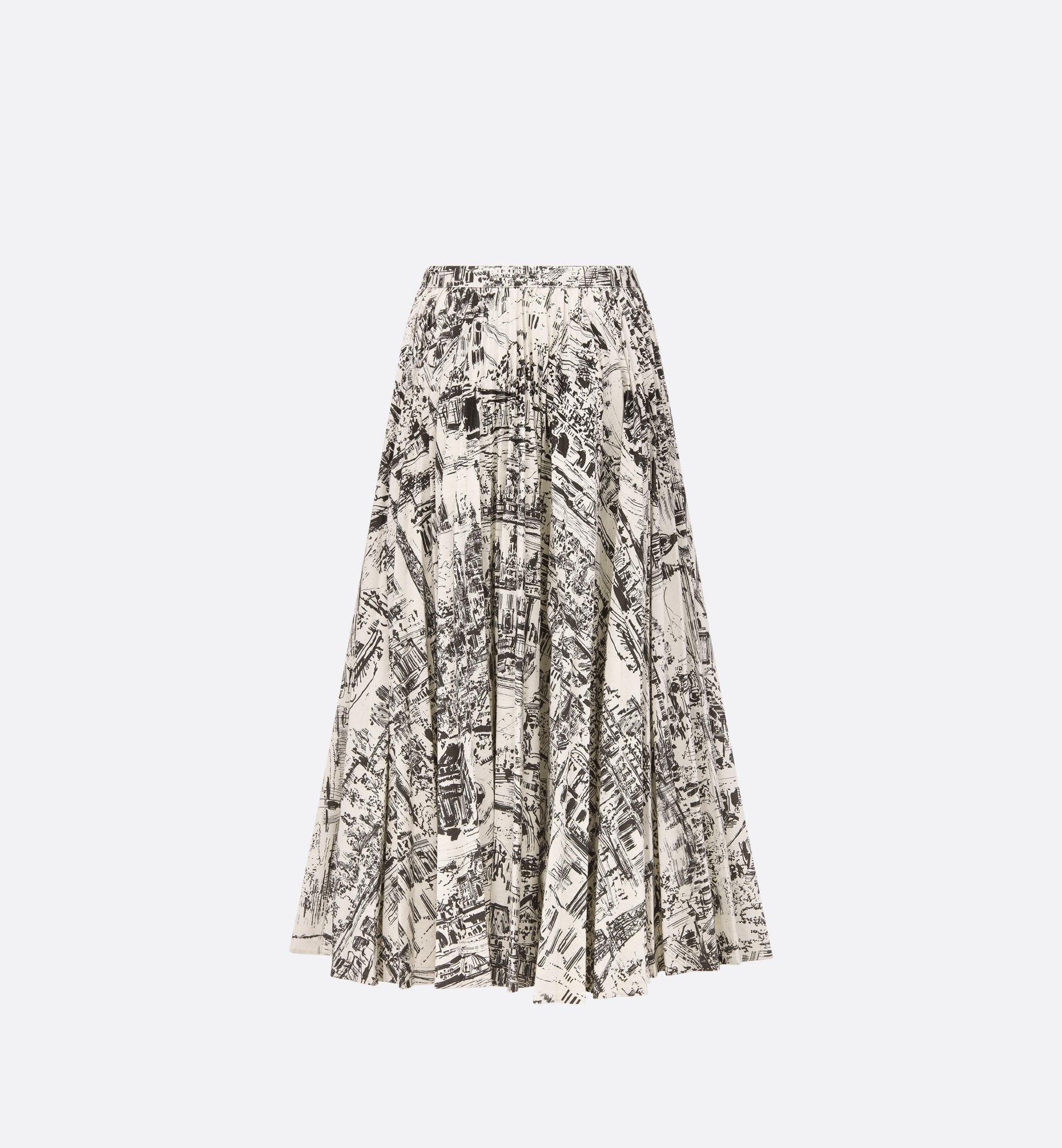 Pleated Mid Length Skirt White And Black Cotton Denim With Paris Allover Motif