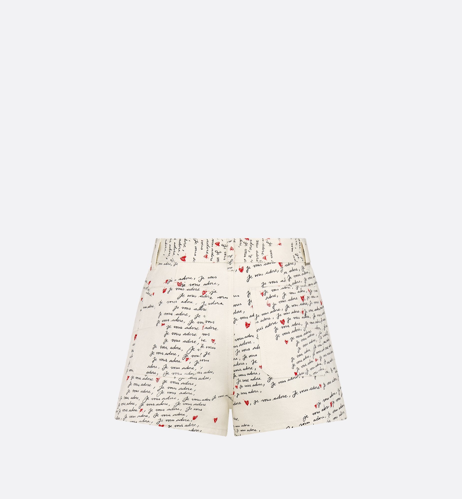 Dioramour Shorts White Cotton Denim With Black And Red Embroidered Je Vous Adore Motif