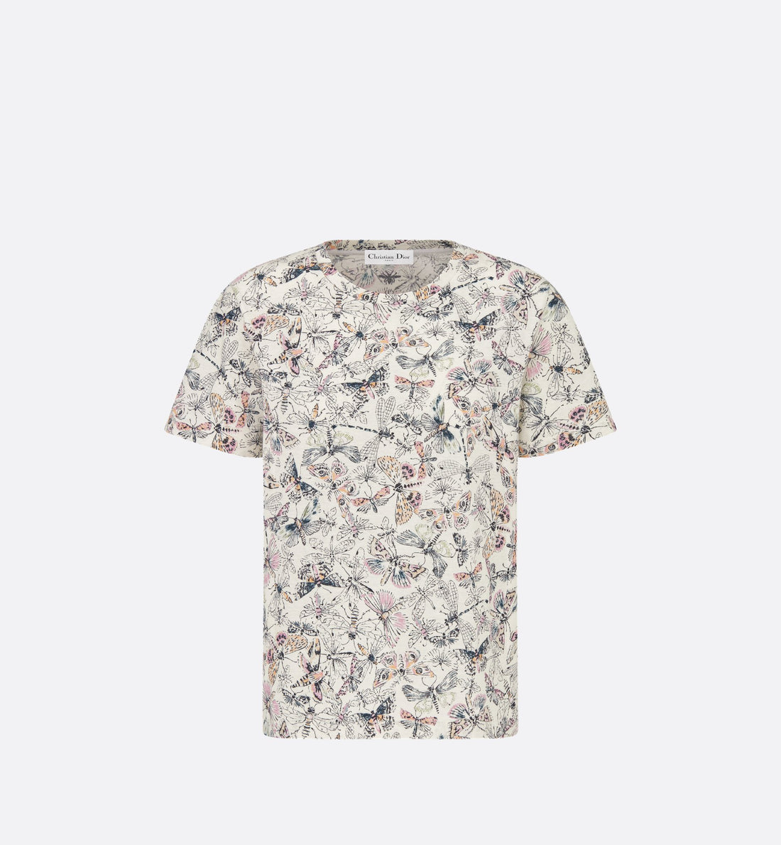 T Shirt White Cotton And Linen Jersey With Multicolor Libellule Camouflage Motif