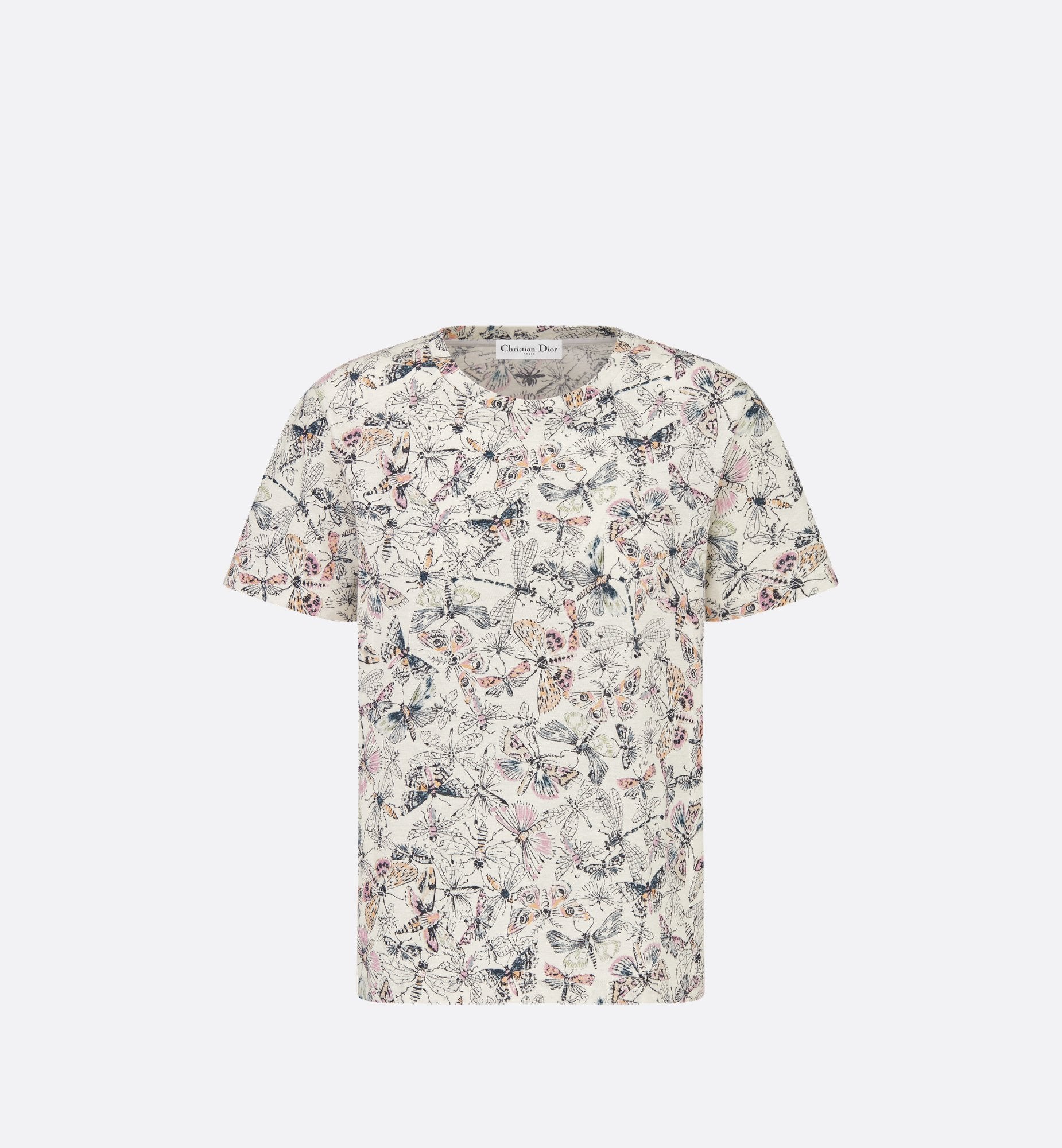 T Shirt White Cotton And Linen Jersey With Multicolor Libellule Camouflage Motif