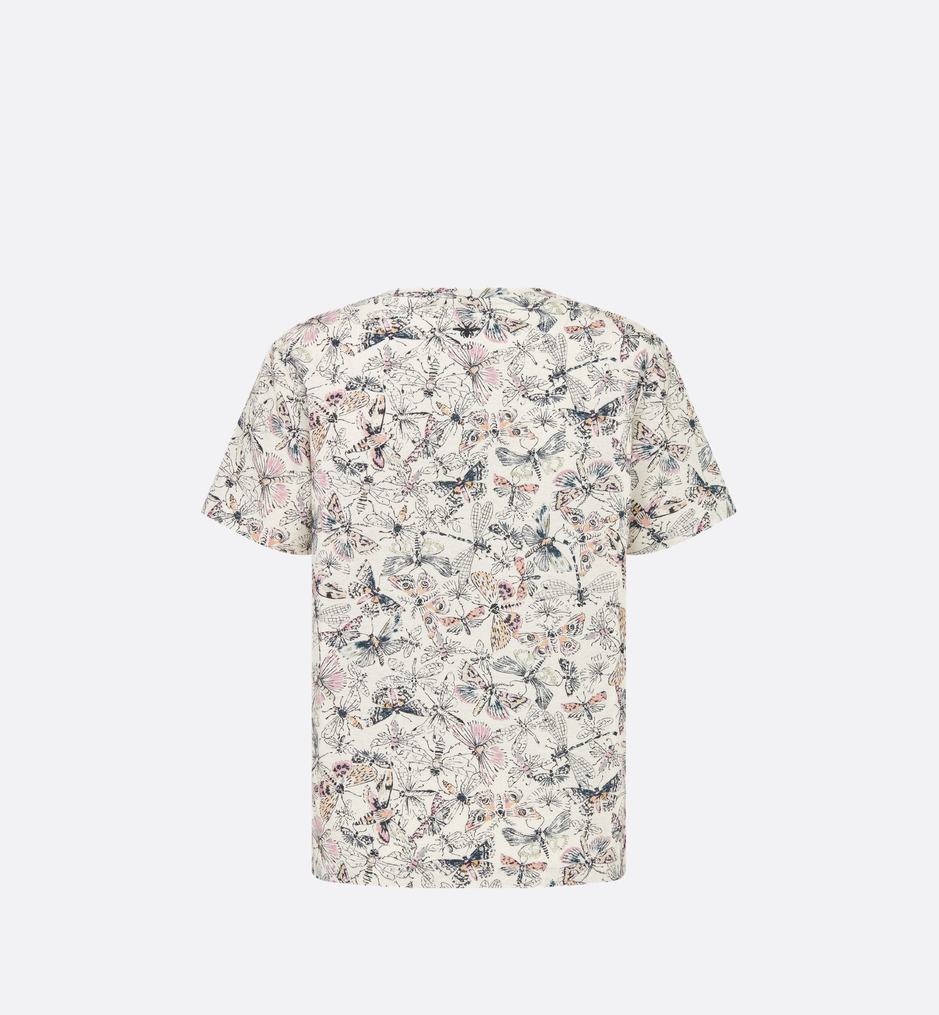 T Shirt White Cotton And Linen Jersey With Multicolor Libellule Camouflage Motif