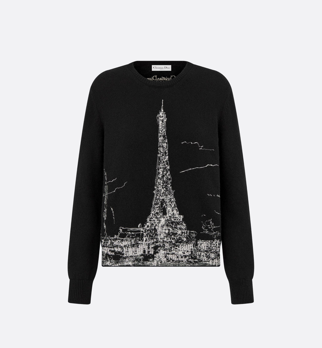 Embroidered Sweater Black And White Cashmere And Silk Knit With Paris Motif