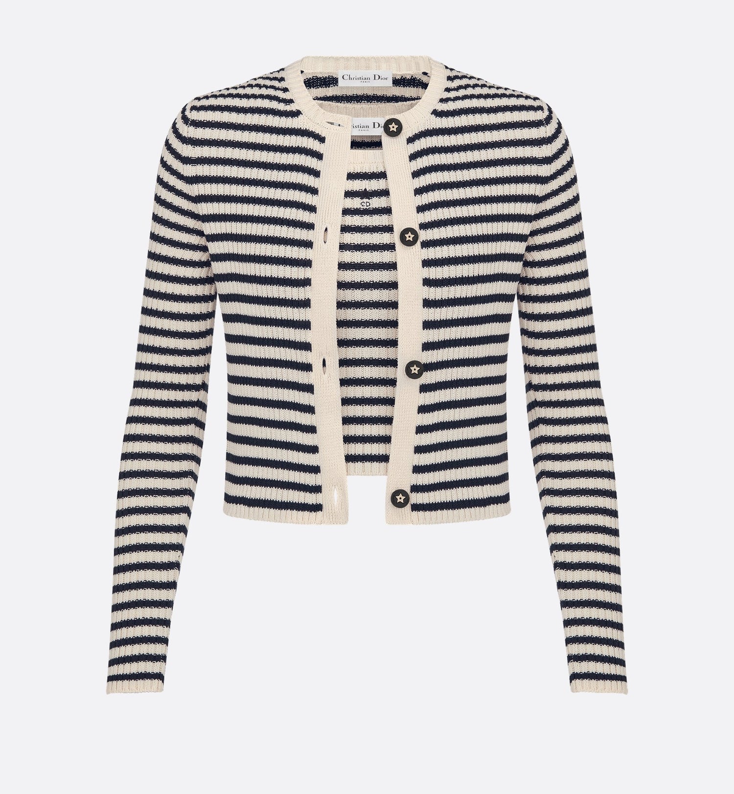 Dioriviera Twinset White And Navy Blue Cotton Ribbed Knit With Dior Marinière Motif