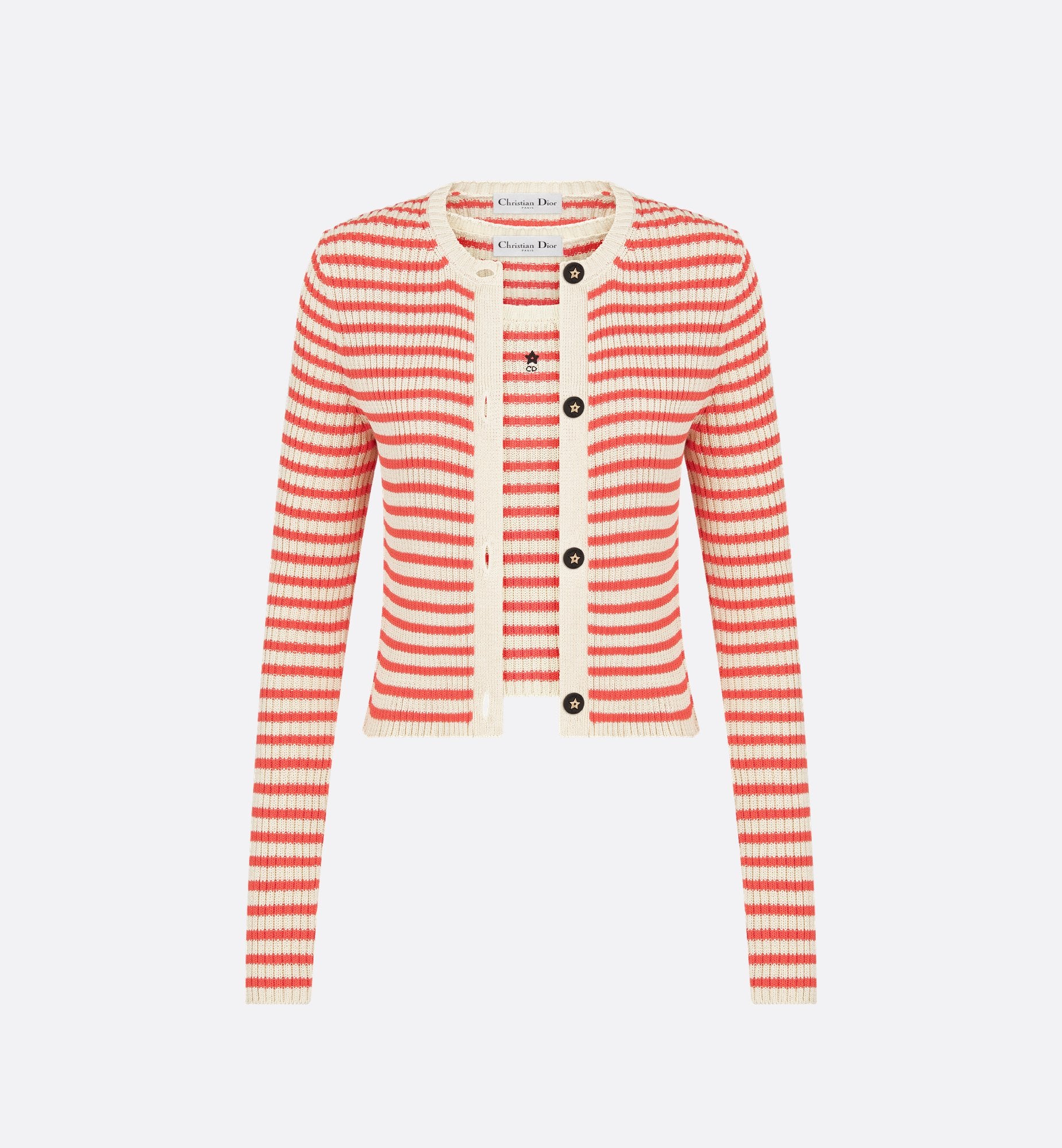 Dioriviera Twinset White And Coral Cotton Ribbed Knit With Dior Marinière Motif