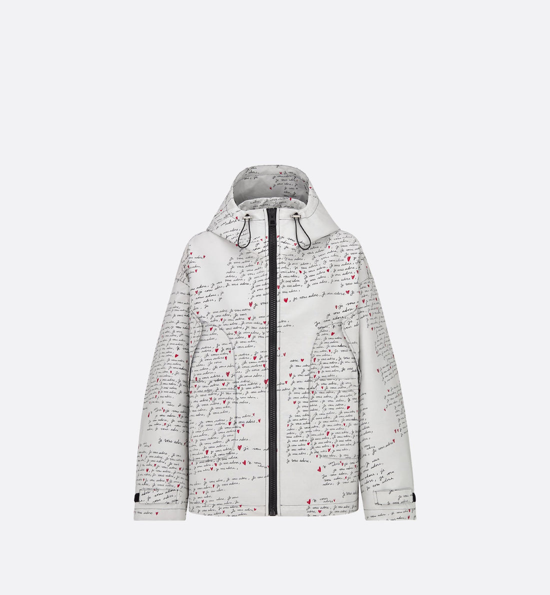 Dioramour Hooded Anorak White Technical Taffeta Jacquard With Black And Red Je Vous Adore Motif