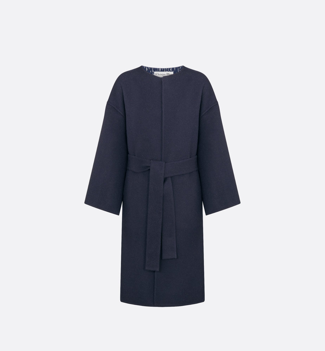 Coat With Belt Navy Blue Double Sided Virgin Wool And Silk With Miss Dior Allover Interior