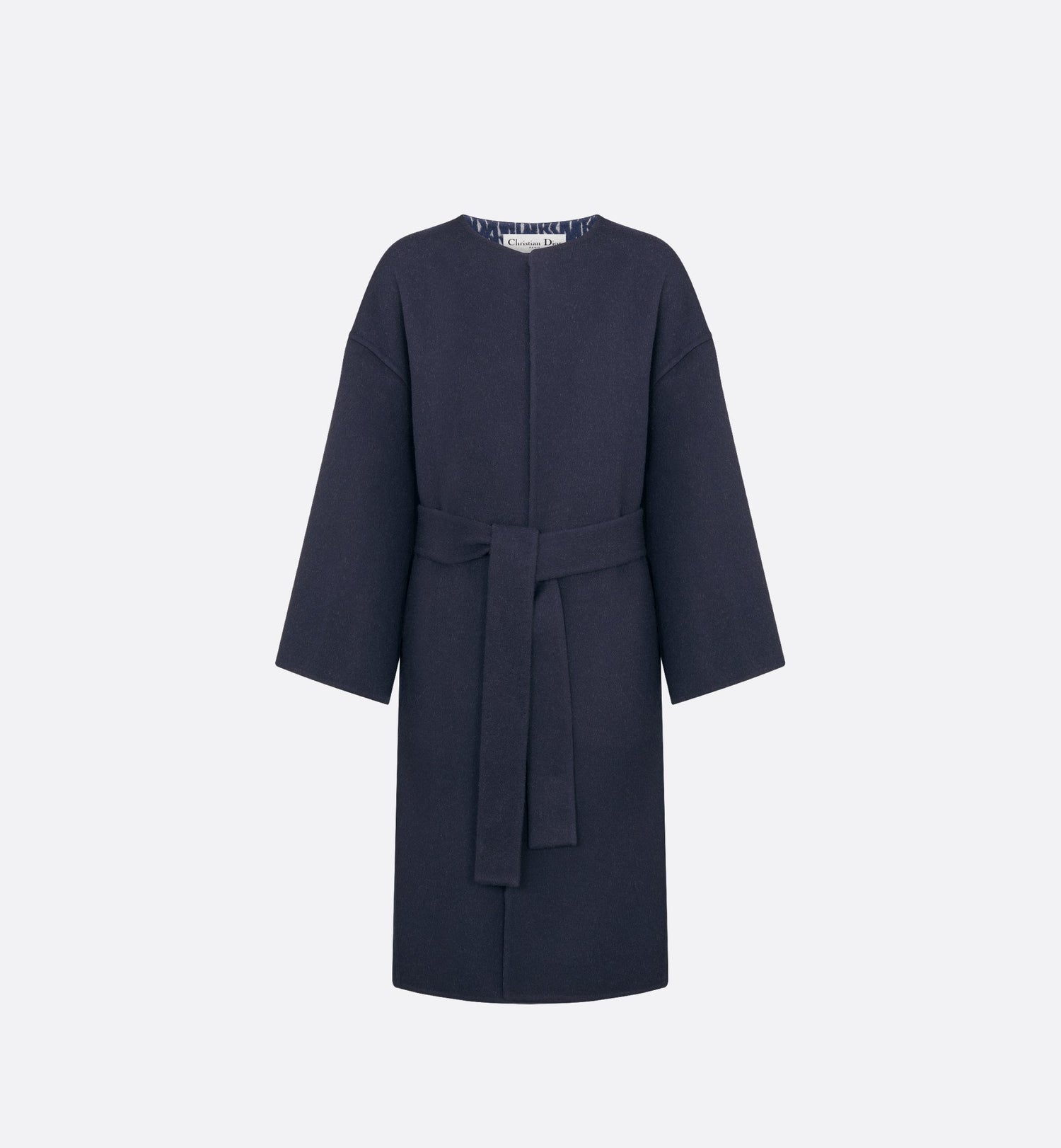 Coat With Belt Navy Blue Double Sided Virgin Wool And Silk With Miss Dior Allover Interior