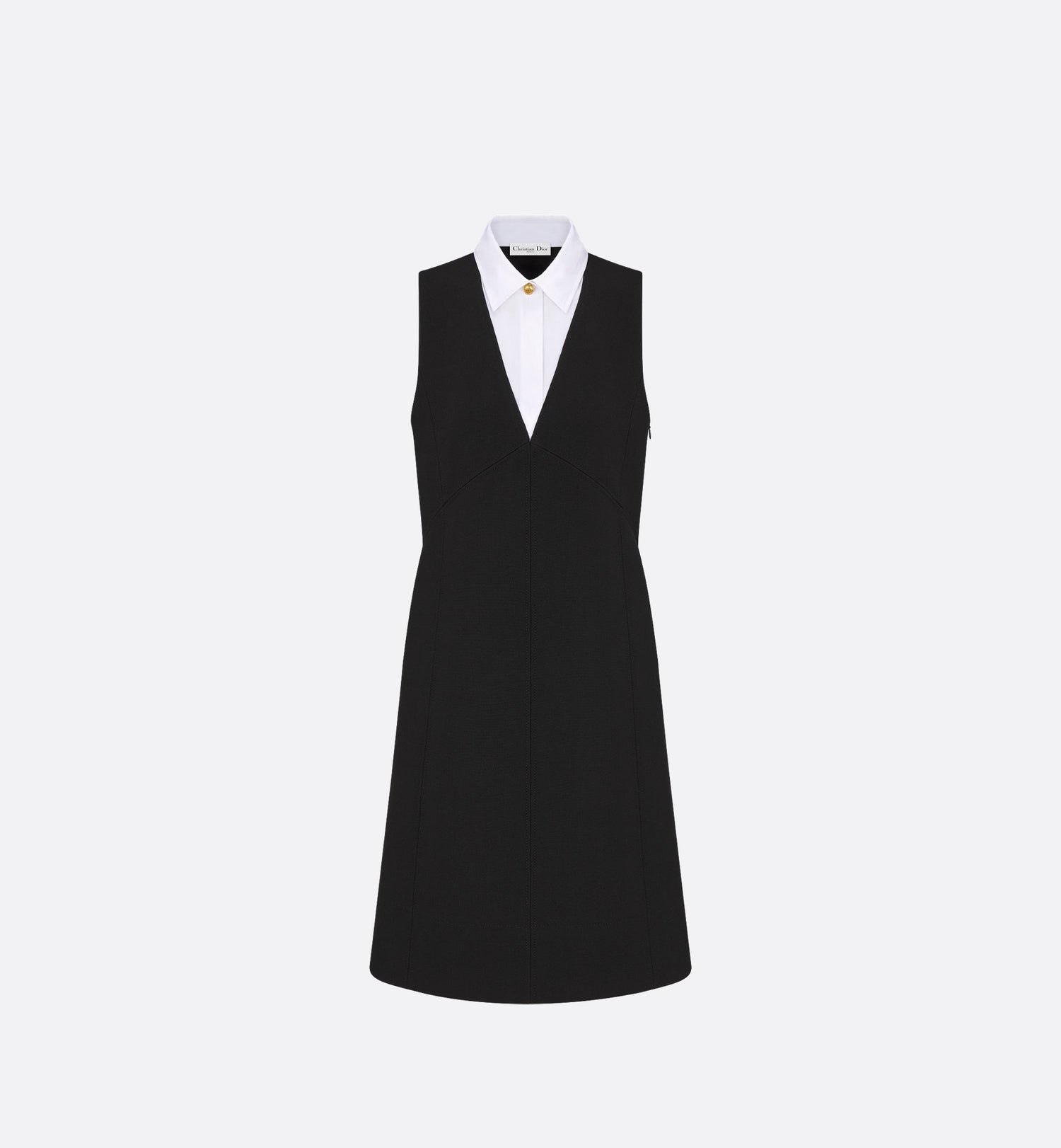 Dress With Spread Collar Black Double Sided Virgin Wool Crepe And White Cotton Poplin