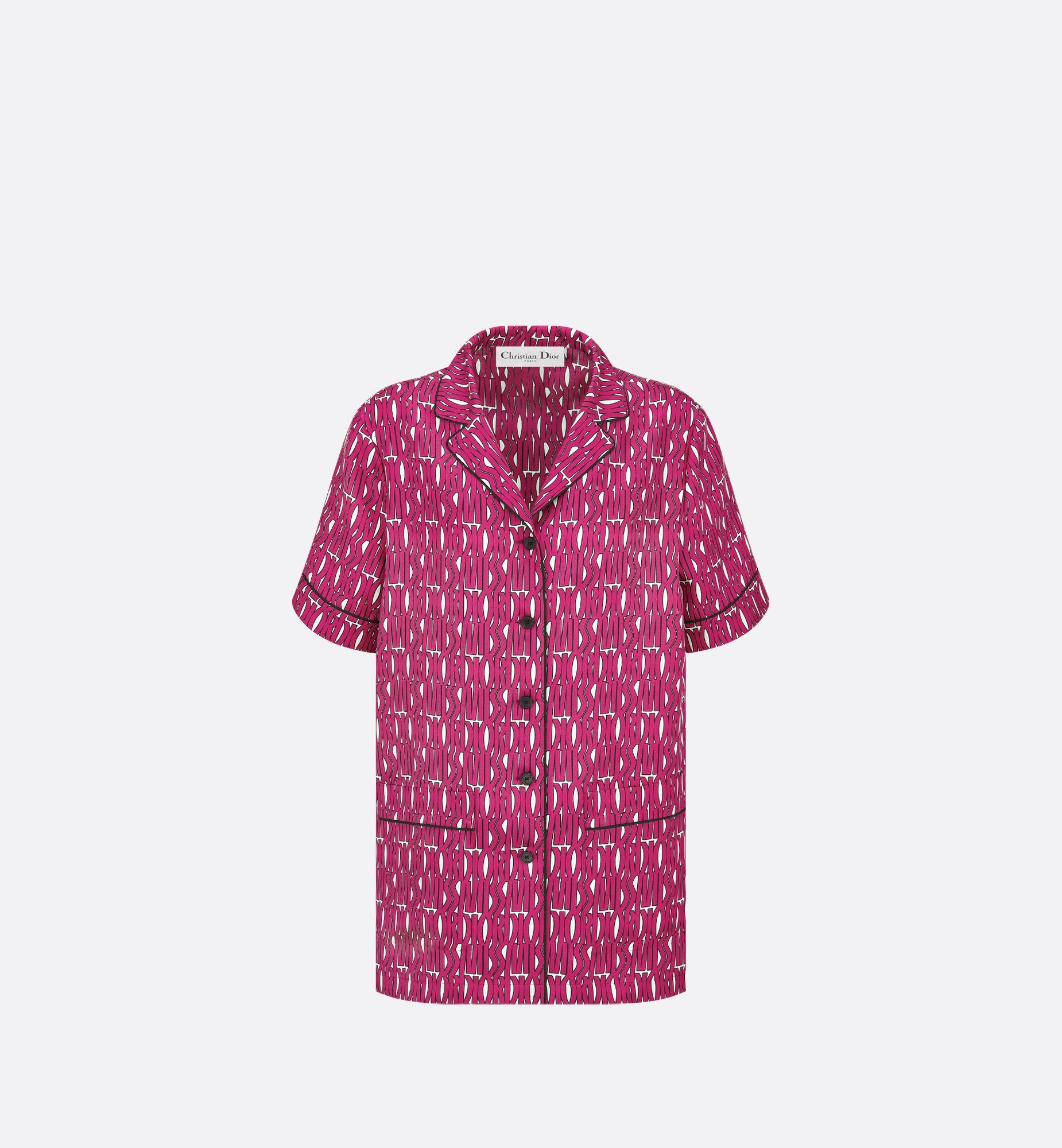 Short Sleeved Shirt White Silk Twill With Fuchsia Miss Dior Allover Motif