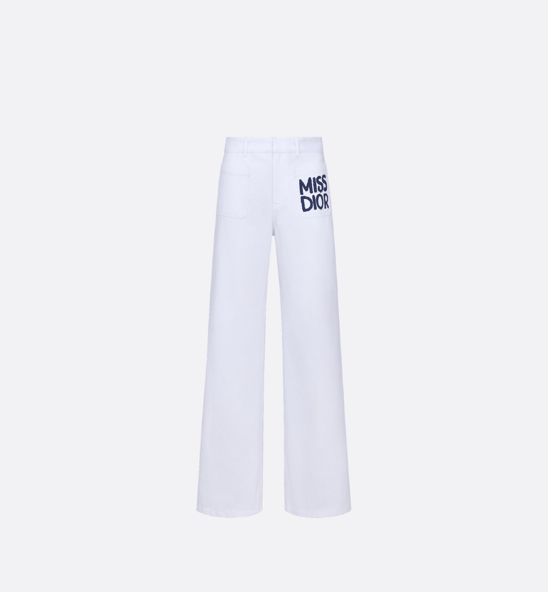 Flared Pants White Cotton Denim With Blue Miss Dior Graffiti Motif