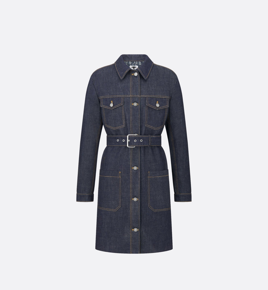 Long Belted Jacket Blue Raw Cotton Denim With Dior Oblique Interior