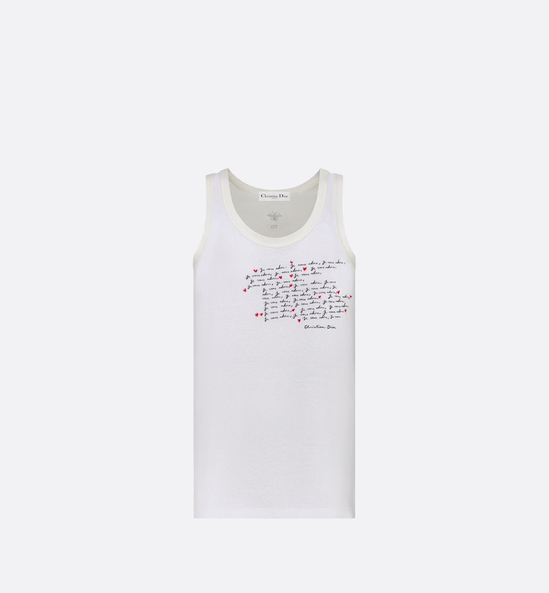 Dioramour Embroidered Tank Top White Cotton And Linen Jersey With Black And Red Je Vous Adore Motif