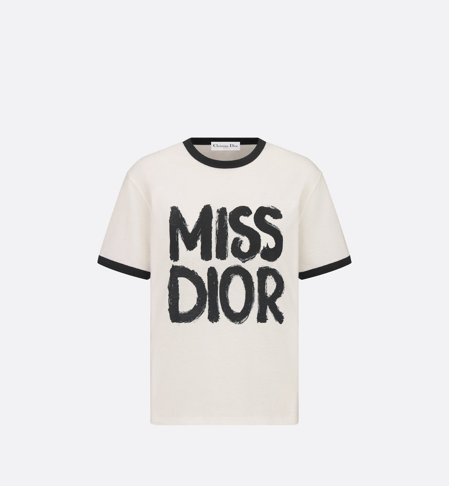 T Shirt White Cotton And Linen Jersey With Black Miss Dior Graffiti Motif