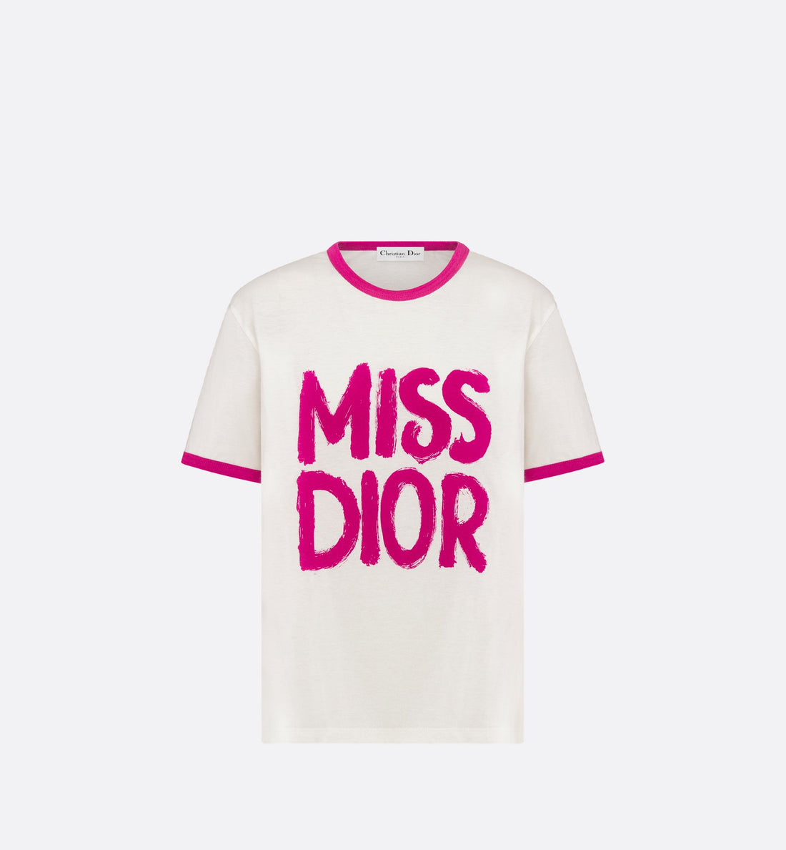 T Shirt White Cotton And Linen Jersey With Fuchsia Miss Dior Graffiti Motif