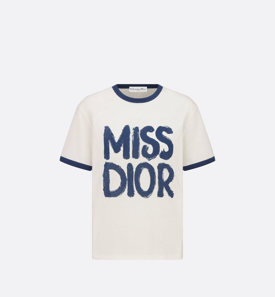 T Shirt White Cotton And Linen Jersey With Blue Miss Dior Graffiti Motif