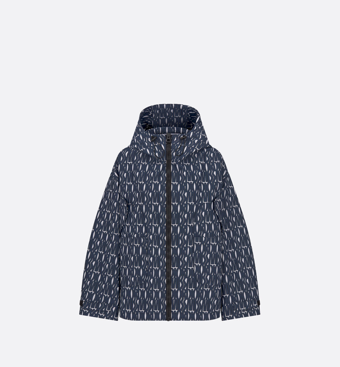 Waterproof Hooded Jacket White Technical Taffeta Jacquard With Navy Blue Miss Dior Allover Motif