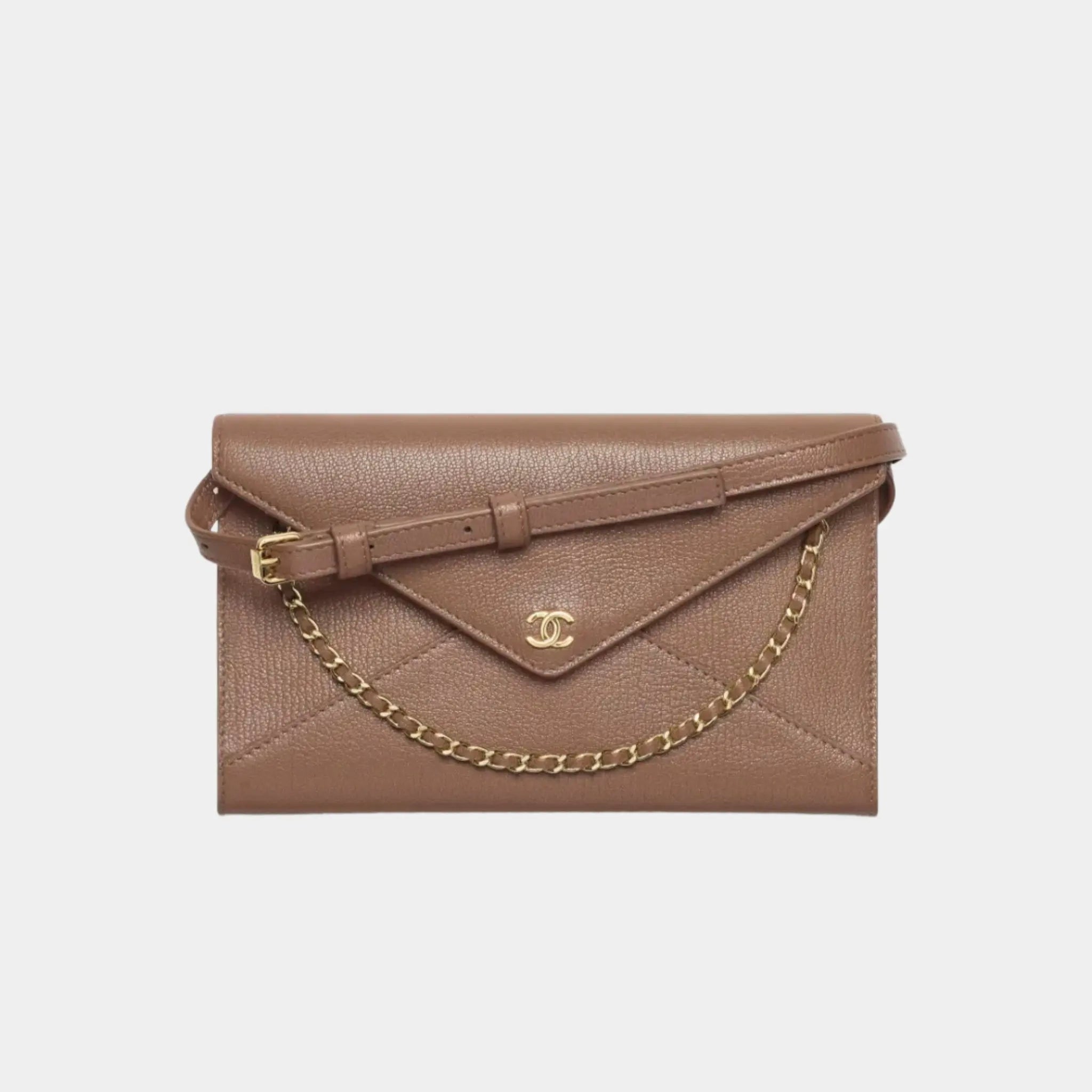 Clutch with Leather Strap in Grained Goatskin &amp; Gold Metal