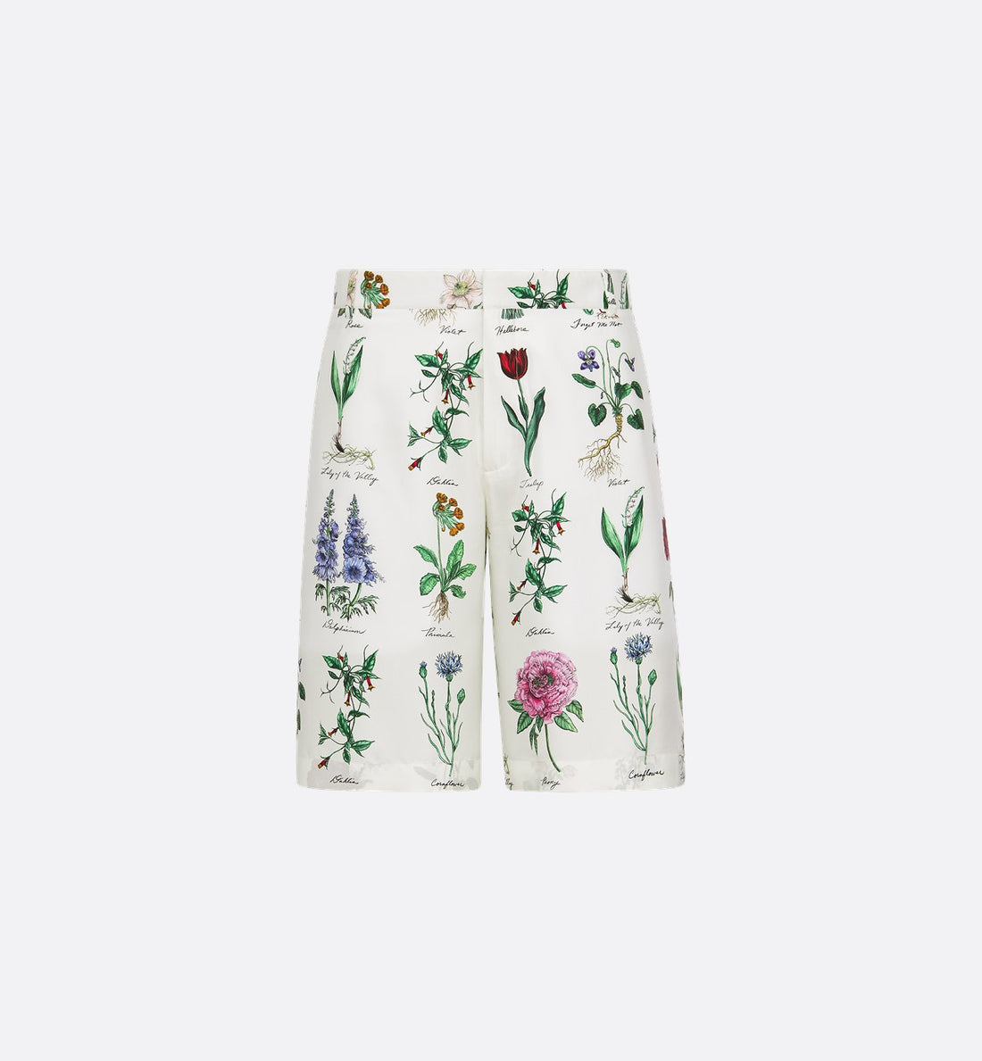 Herbarium Illustration Bermuda Shorts White Silk