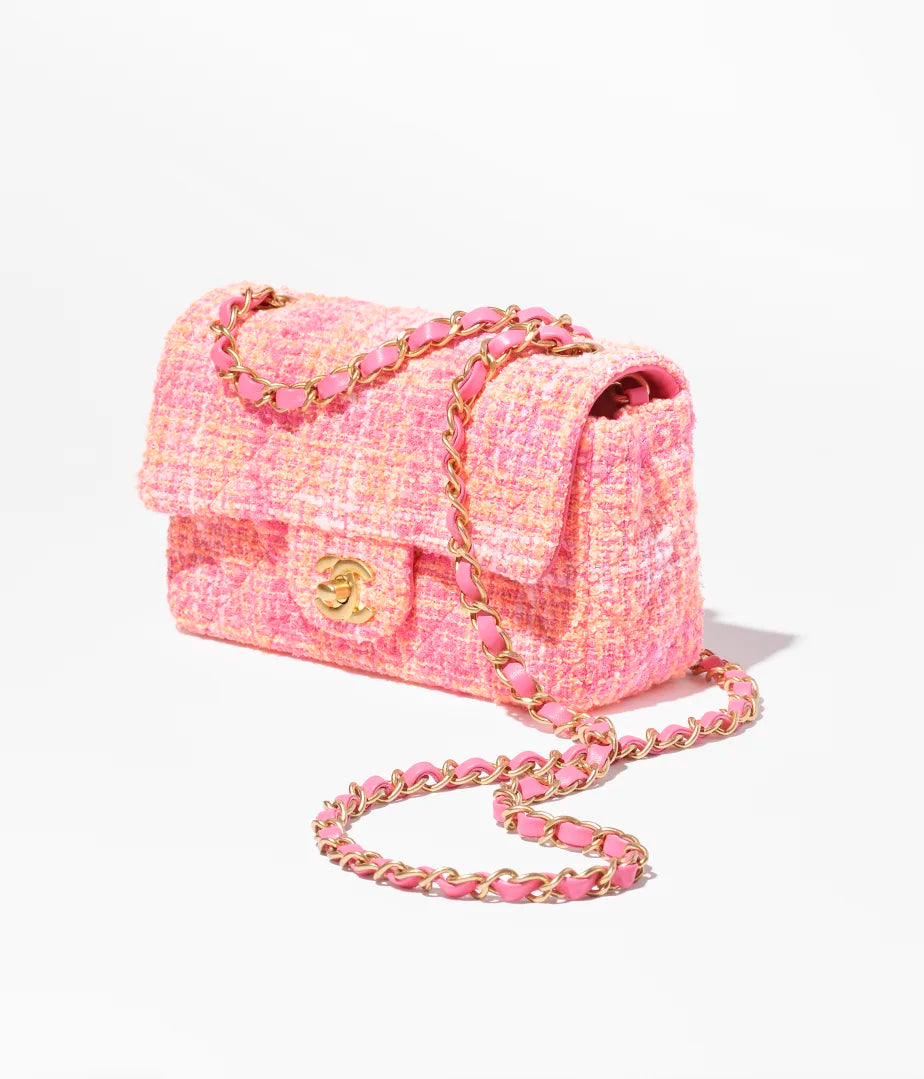 Mini Flap Bag Tweed and Gold Metal Orange Pink and Ecru