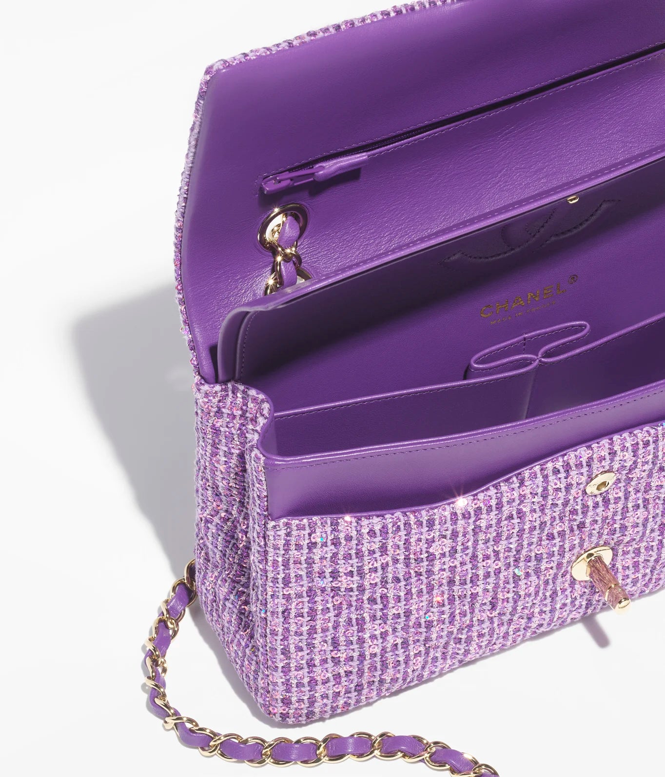 Classic Handbag Tweed Enamel Sequins And Gold Tone Metal Purple And Silver