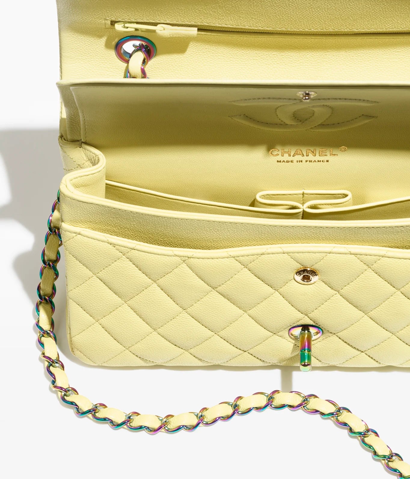 Classic Handbag Shiny Grained Calfskin And Rainbow Metal Yellow