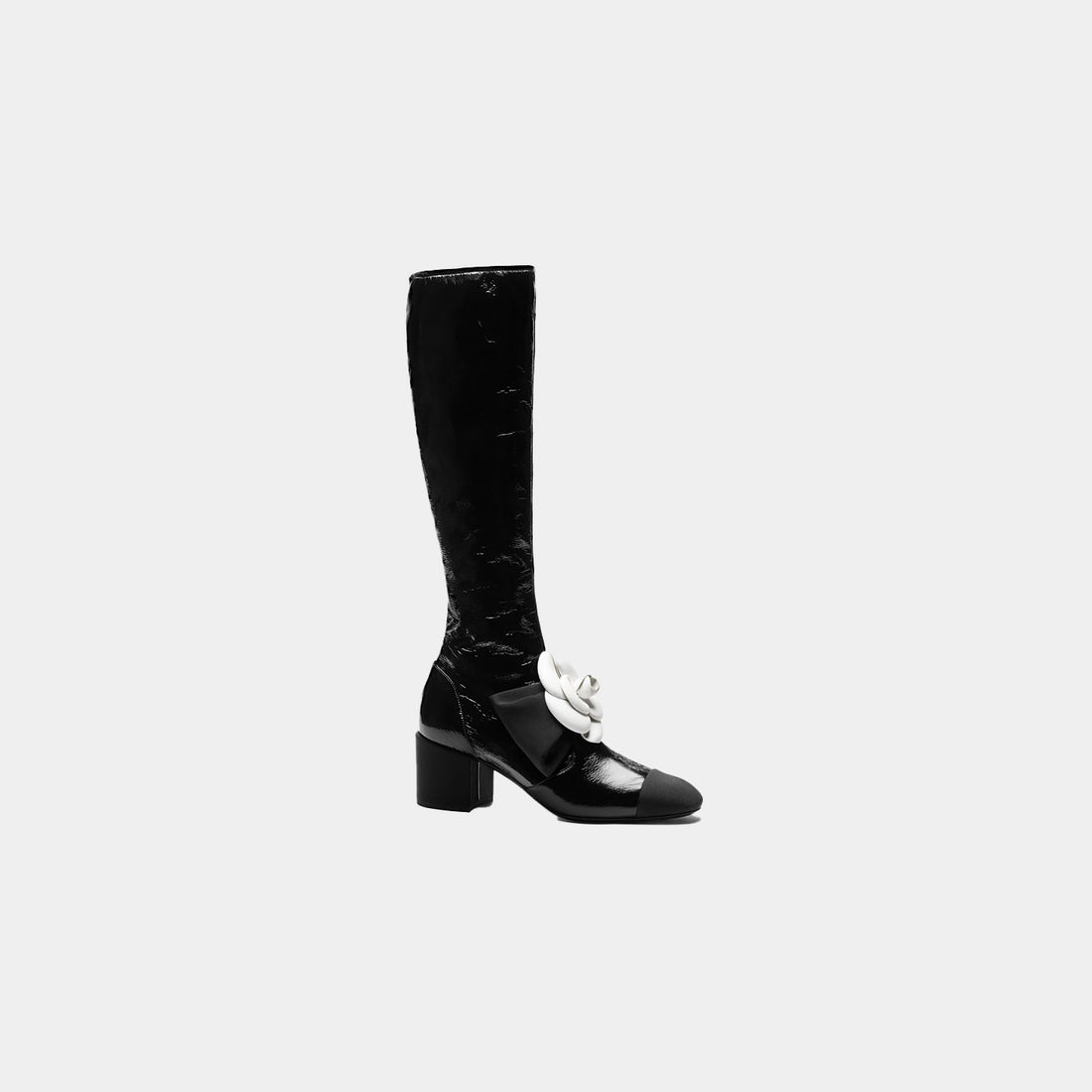 High Boots Crumpled Shiny Fabric and Grosgrain Black