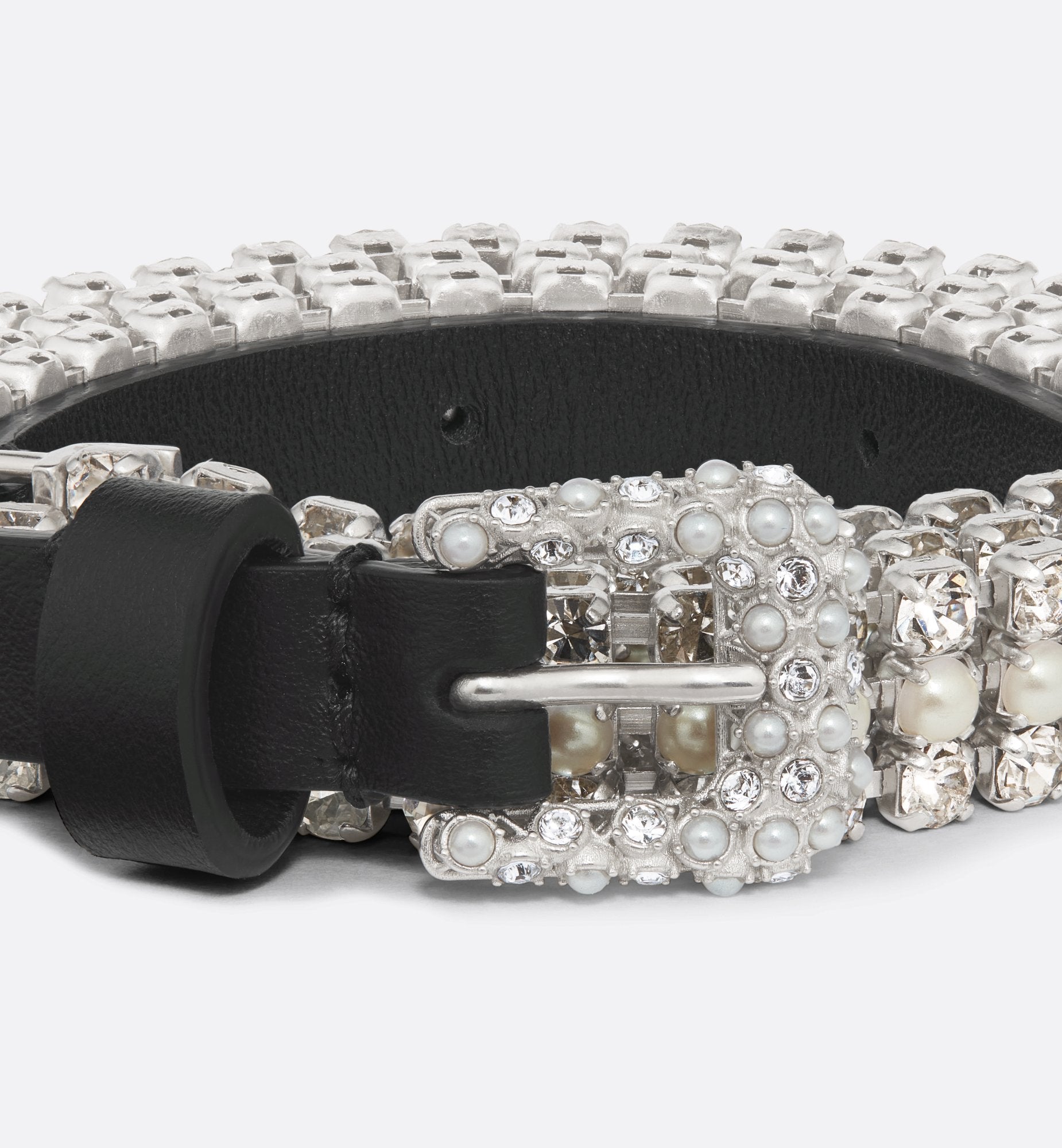 Sparkle Belt Black Smooth Calfskin Metal Resin Pearls And Silver Tone Crystals 10 mm