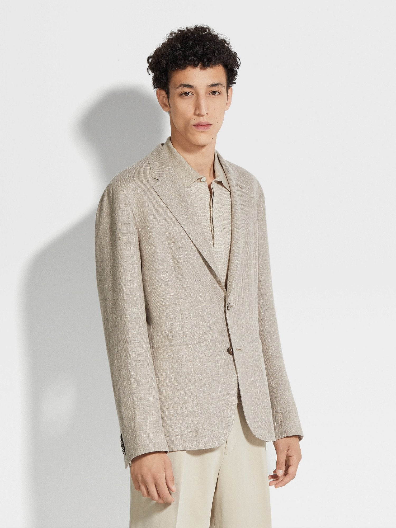 Dark Beige Crossover Linen Wool and Silk Blend Shirt Jacket