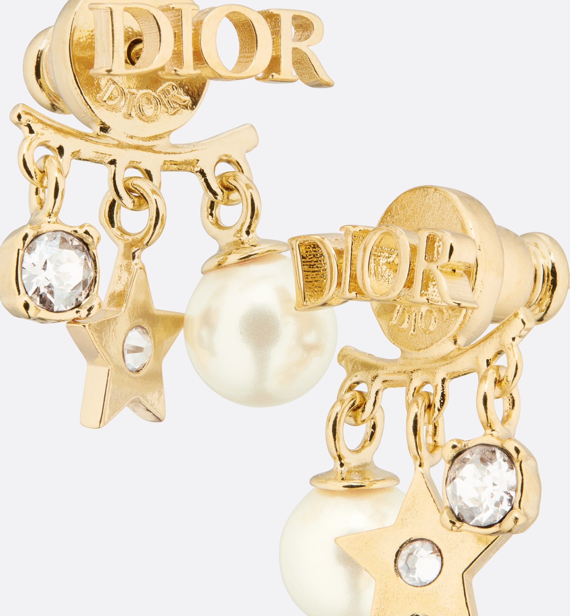 DioREvolution Earrings Gold Finish Metal White Resin Pearls And White Crystals